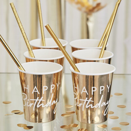Immagine di Ginger Ray®  Bicchieri di carta Happy Birthday Gold 8 pezzi