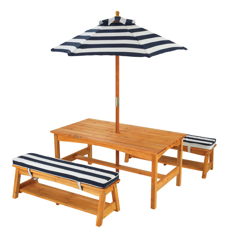 Immagine di KidKraft® Set tavolo e panchine con cuscini e ombrellone Blue/White