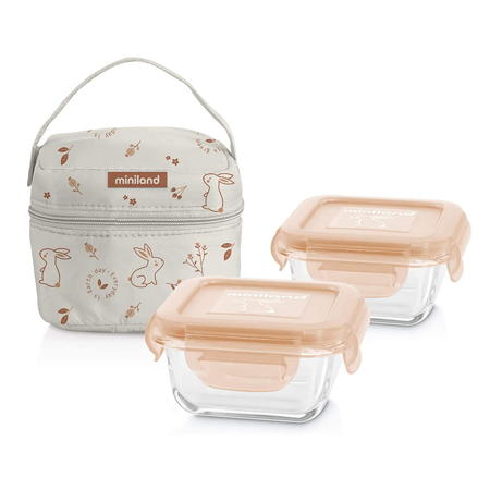 Immagine di Miniland® Set di  due contenitori e una borsa termica 160ml Natur Square Bunny
