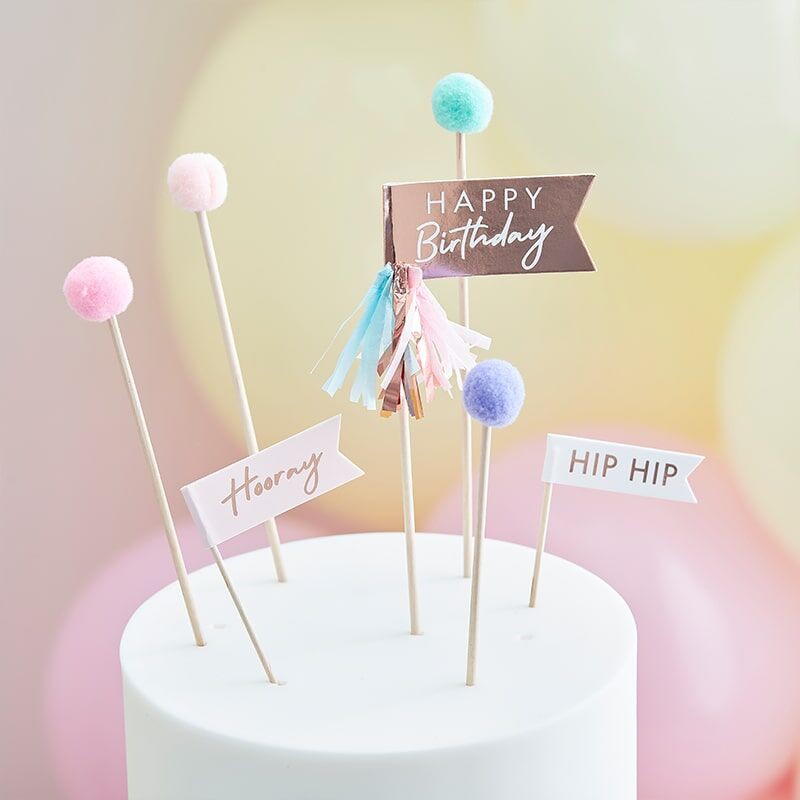 Immagine di Ginger Ray® Decorazioni per dolci Mix It Up Happy Birthday Pom Poms  Pastel 12 pezzi