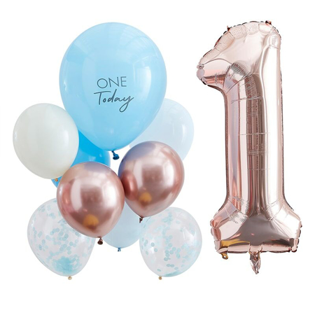 Ginger Ray® Palloncini per festeggiare il 1° compleanno Mix It Up Blue and  Rose Gold