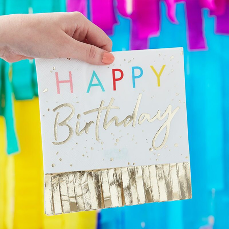 Immagine di Ginger Ray® Tovaglioli di carta Happy Birthday Mix It Up Fringed Gold  16 pezzi