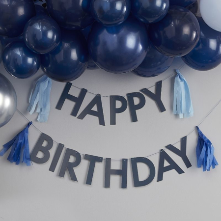 Immagine di  Ginger Ray® Scritta da appendere Happy Birthday con frange Blue