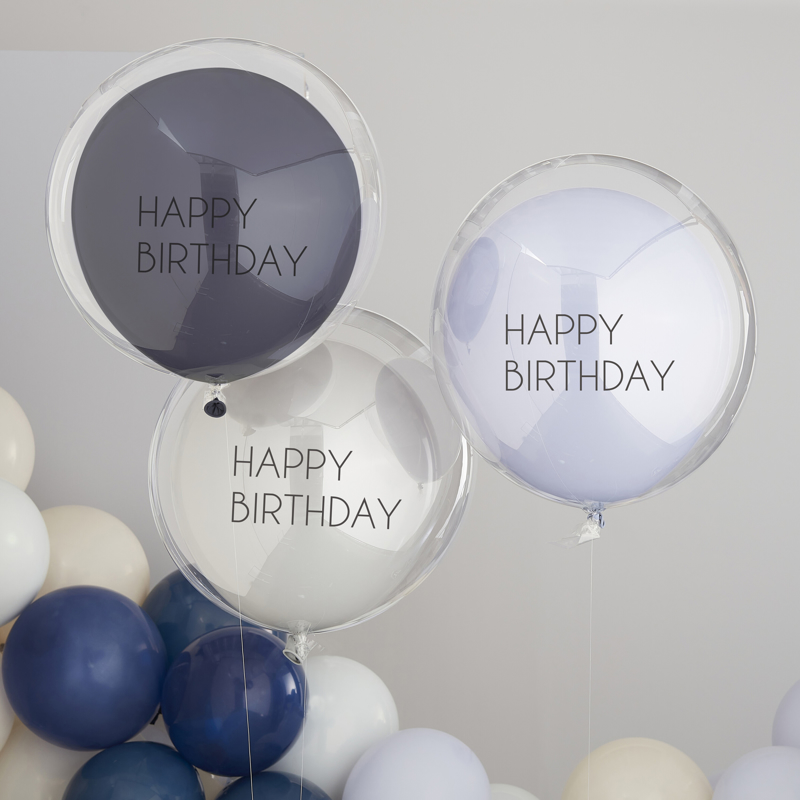 Immagine di Ginger Ray® Set 3 palloncini Blue & Grey Double Layered Happy Birthday