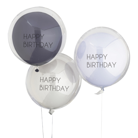 Ginger Ray® Set 3 palloncini Blue & Grey Double Layered Happy Birthday