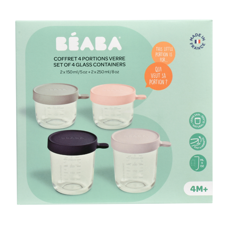 Immagine di Beaba® Set 4 contenitori in vetro con tappo ermetico 150 ml Pink / 150 ml Eucalyptus / 250 ml Light Mist / 250 ml Dark Blue