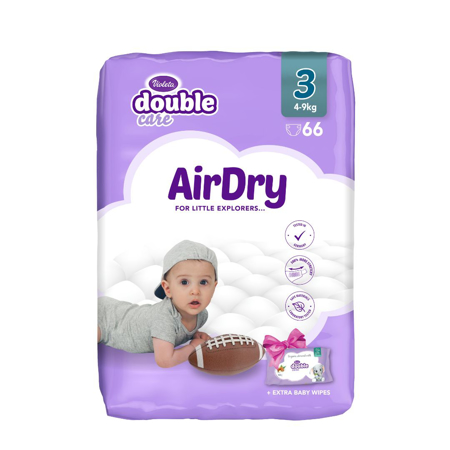 Violeta® Pannolini Air Dry 3 midi (4-9kg) Jumbo 66+Salviettine umidificate Baby in omaggio